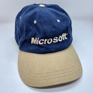 Vintage 90s Microsoft Logo Hat Tech Company Promo Dad Cap Blue Khaki